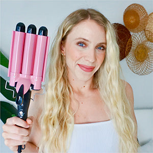 TOP4EVER Rizador de 3 barriles, herramienta de pelo de 1 pulgada, rizador para mujer, ondas de playa con dos ajustes de temperatura, color rosa