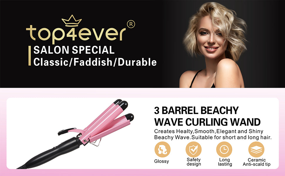 TOP4EVER Rizador de 3 barriles, herramienta de pelo de 1 pulgada, rizador para mujer, ondas de playa con dos ajustes de temperatura, color rosa