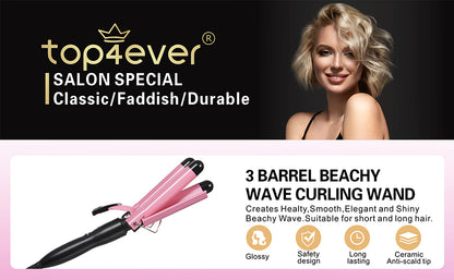 TOP4EVER Rizador de 3 barriles, herramienta de pelo de 1 pulgada, rizador para mujer, ondas de playa con dos ajustes de temperatura, color rosa