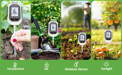 Medidor de Humedad del Suelo 4 en 1, Medidor Digital de Temperatura de Plantas/Prueba de Humedad del Suelo y Medidor de PH/Intensidad de Luz Solar, Pantalla LCD con Retroiluminación para