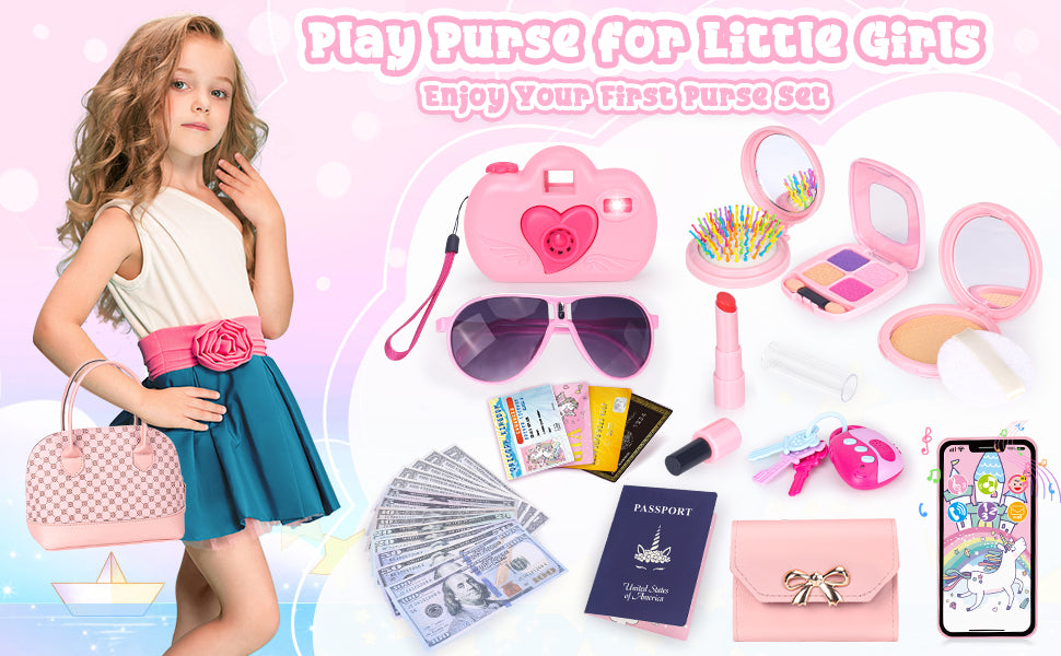 Bolsa de juego para niñas pequeñas, 35 piezas, bolso para niños con juguetes de princesa de juego de simulación, incluye bolso, cámara, teléfono, cartera, llave, bolso para niños, regalo de