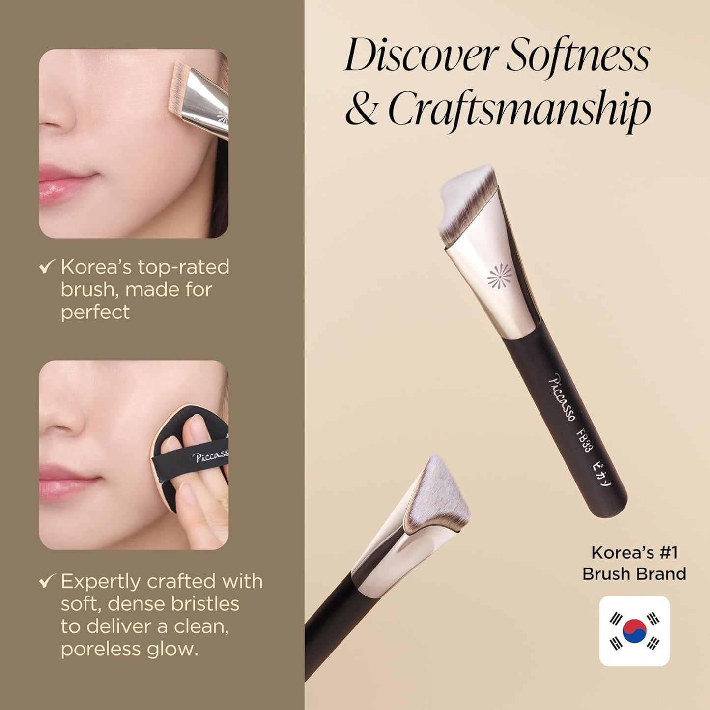 Piccasso FB33 - Cepillo de base con esponja 6P – Cepillo de tapa para base líquida y crema, rellena los poros con cerdas suaves para un maquillaje facial suave e impecable, herramienta profesional de