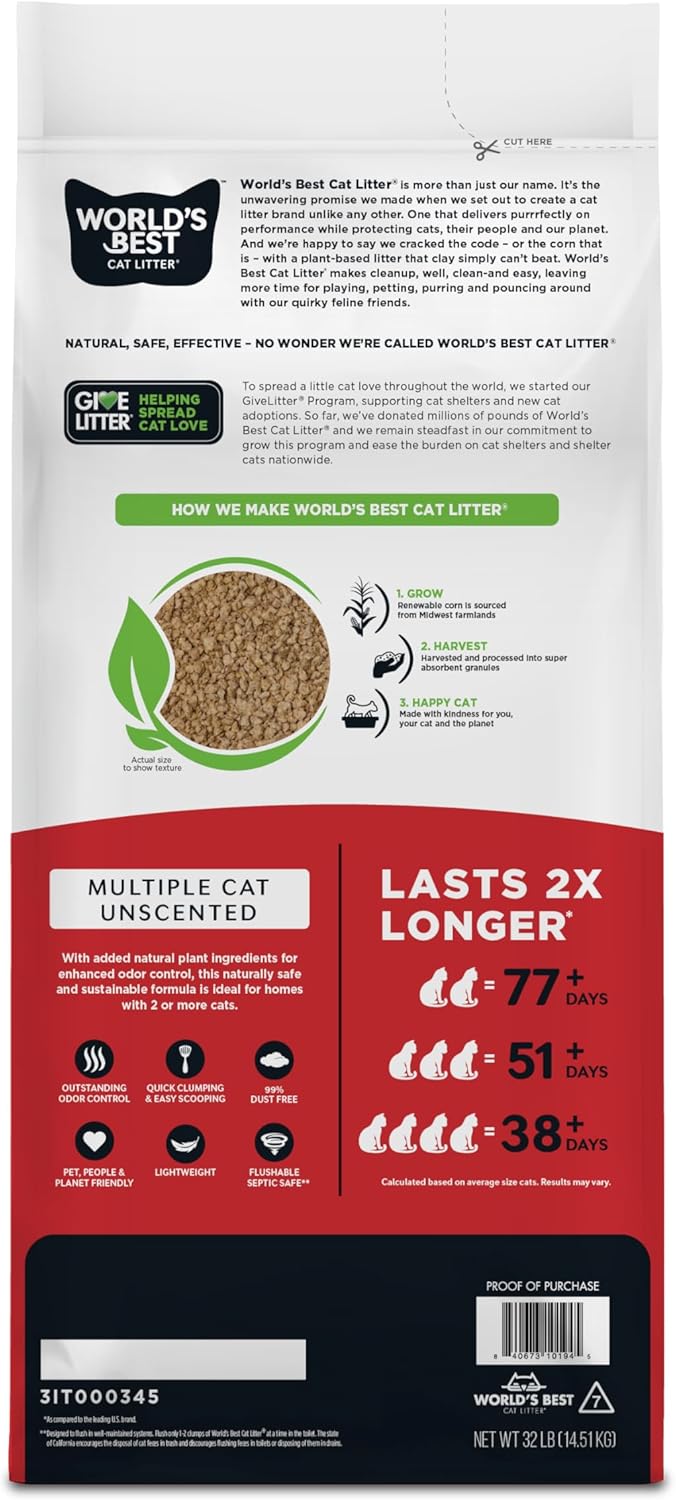 WORLD'S BEST CAT LITTER - Arena para múltiples gatos, sin perfu...