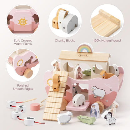 Joyreal Juguete de madera rosa del arca de Noé para regalo de bauti...