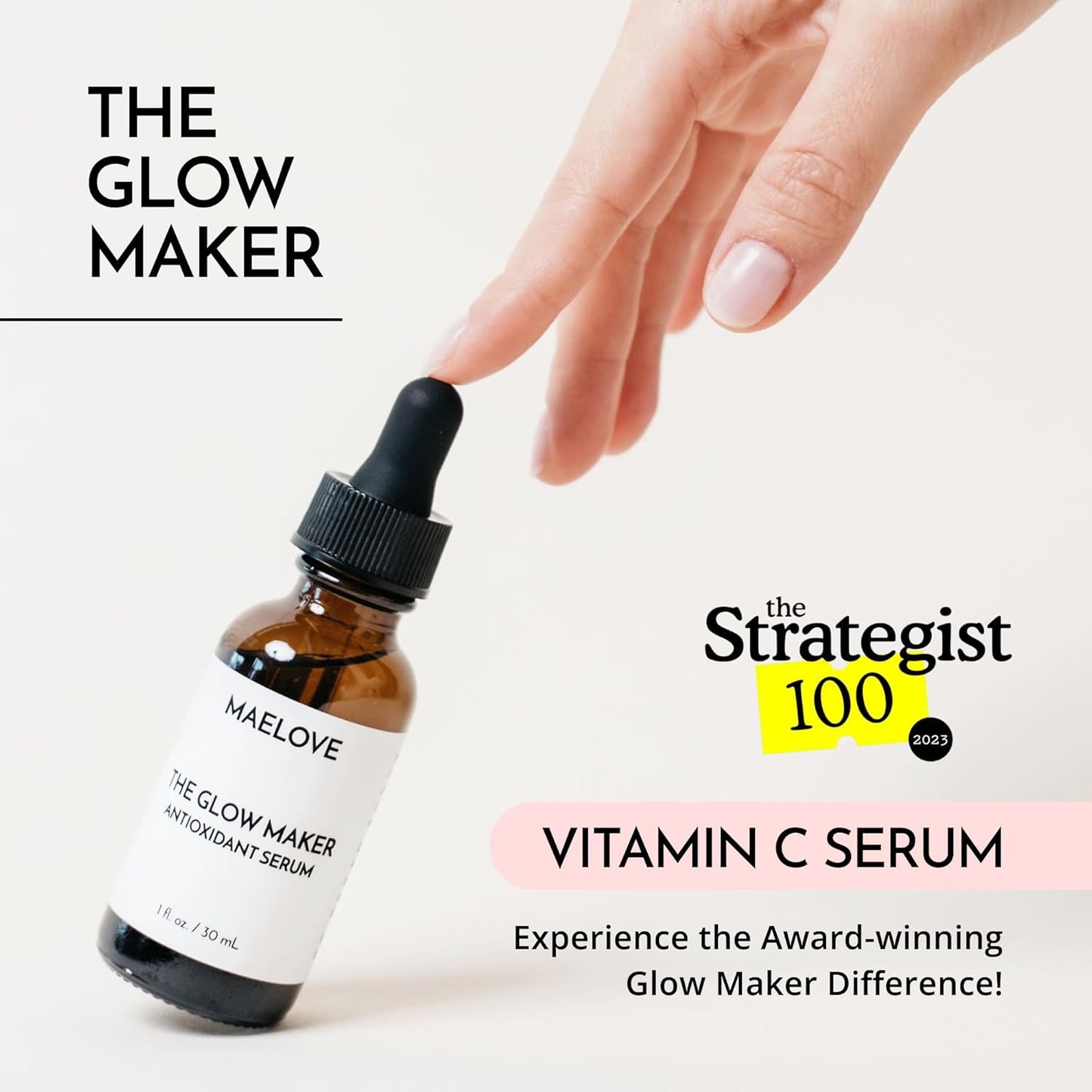 MAELOVE Glow Maker - Suero de vitamina C con vitamina E, ácido ferúlico y ácido hialurónico, galardonado suero facial iluminador e hidratante, sin perfume, 1.0 onzas líquidas