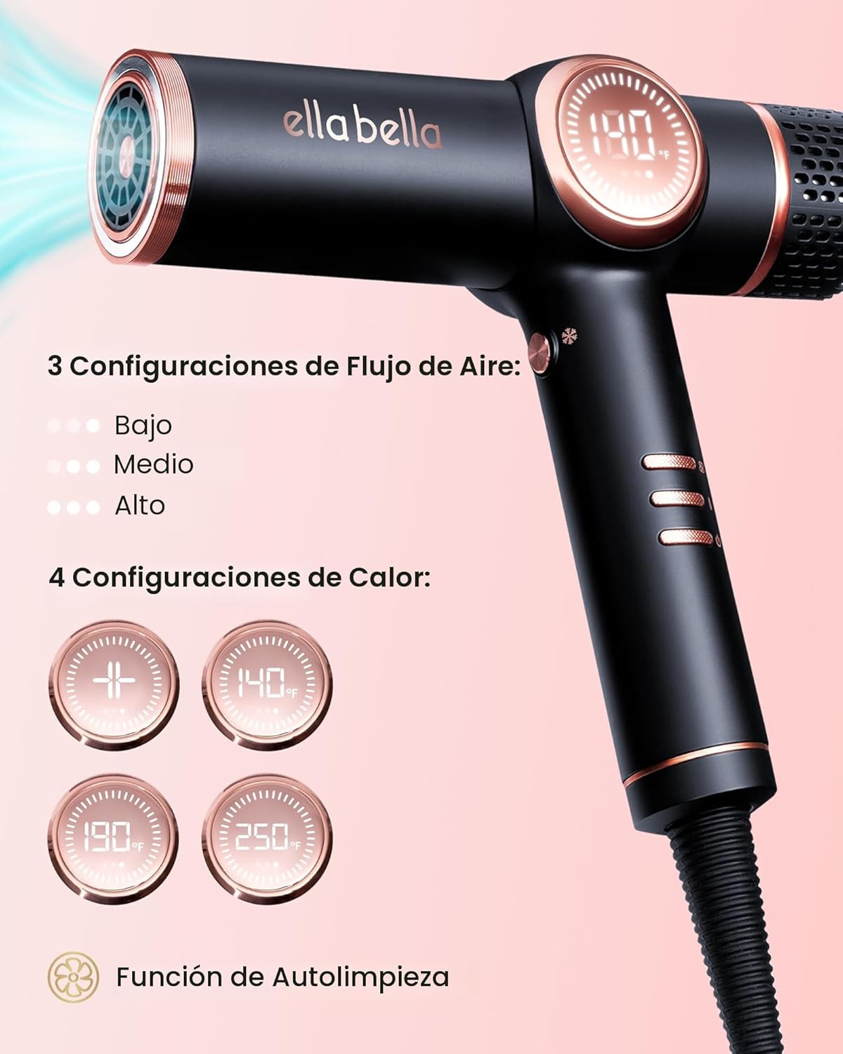 ELLA BELLA® Secador de pelo iónico profesional con difusor \u2022 S...