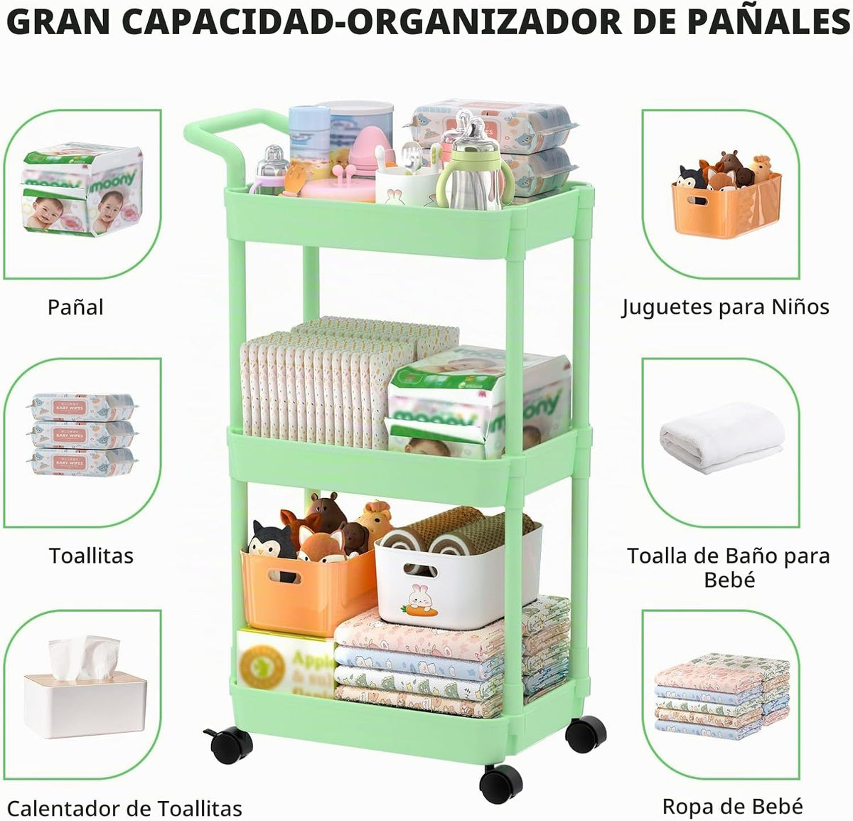 Carrito para pañales Volnamal, carrito con ruedas de 3 niveles para...