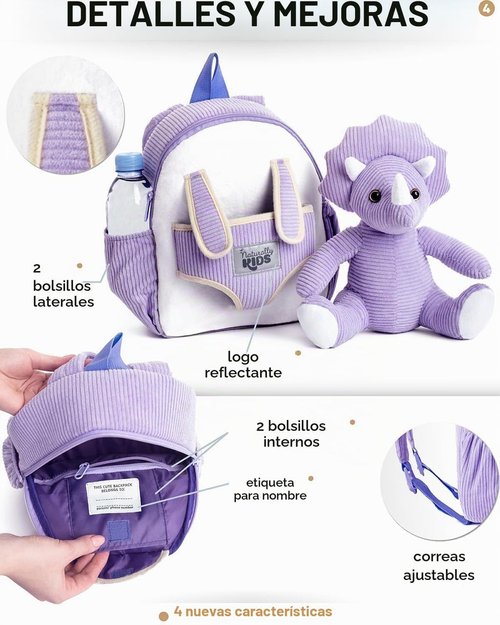 Naturally KIDS Mochila para niños pequeños con juguete Triceratops...