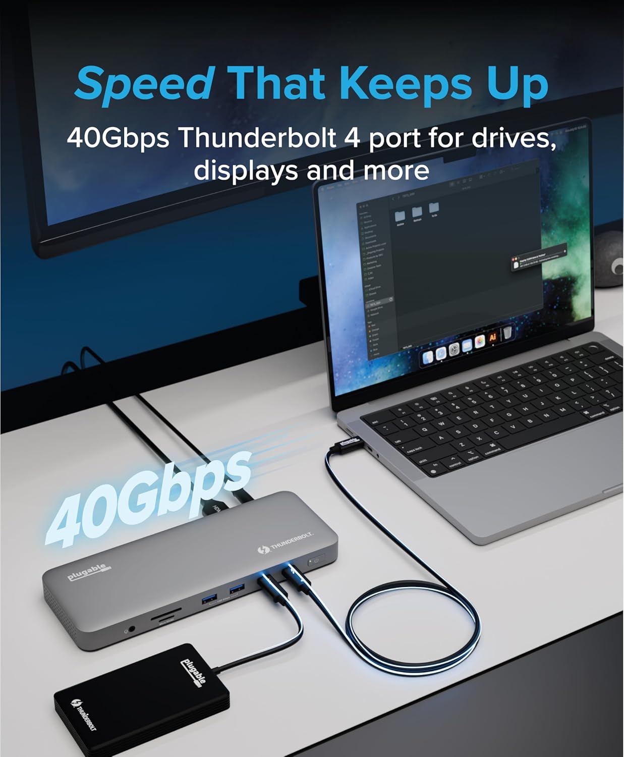 Plugable Base Thunderbolt 4 para M4 MacBook Air y M5 Pro: Estación de Acoplamiento para Portátil sin Controladores con Carga de 100W, Monitor Dual HDMI 4K o Individual 6K, 6X USB, SD, Ethernet