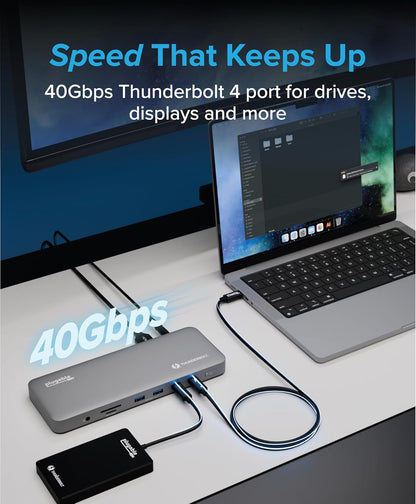 Plugable Base Thunderbolt 4 para M4 MacBook Air y M5 Pro: Estación de Acoplamiento para Portátil sin Controladores con Carga de 100W, Monitor Dual HDMI 4K o Individual 6K, 6X USB, SD, Ethernet