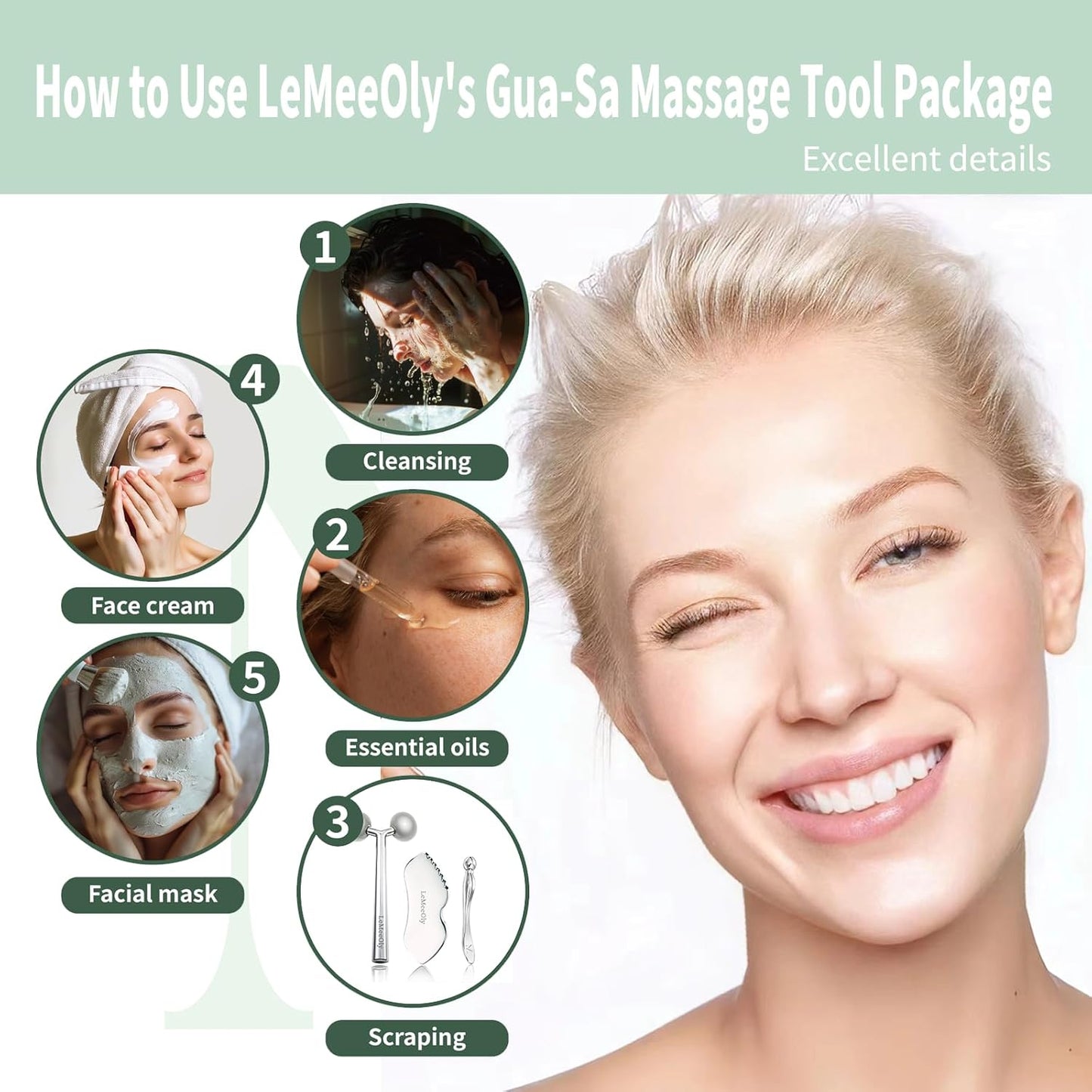 LeMeeOly 2 piezas de herramientas faciales Gua Sha de acero inoxida...