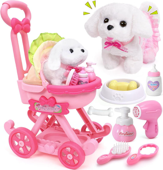 Golray Juguetes de perro para niñas, cochecito y perro de peluche electrónico interactivo que puede caminar, ladrar, 10 piezas de juguete para niña, juego de cuidado de cachorros para niños pequeños