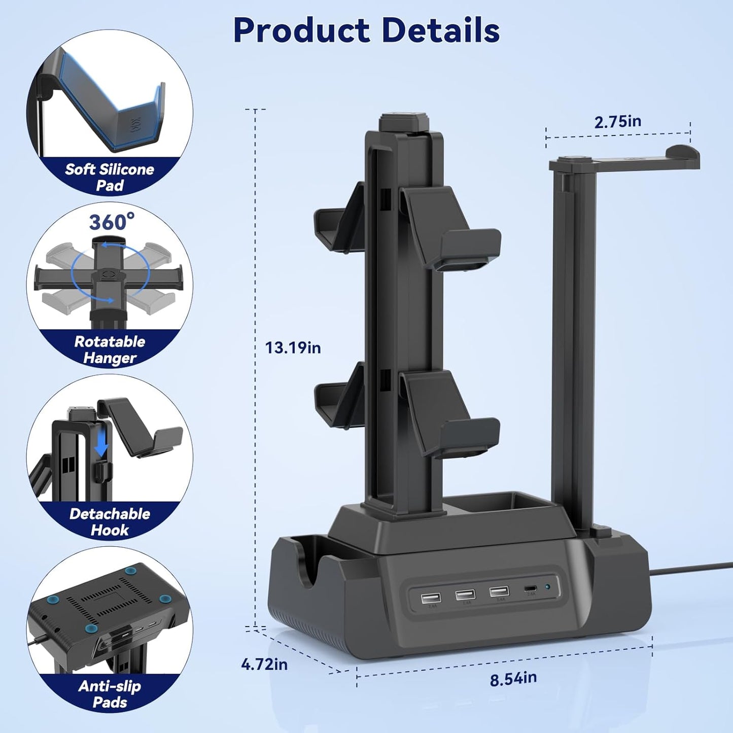 KDD Estación de carga para múltiples dispositivos - Base de carga de 4 puertos con controlador y soporte para auriculares - 3 USB A y 1 USB C para teléfono celular, tableta y otros dispositivos