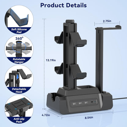 KDD Estación de carga para múltiples dispositivos - Base de carga de 4 puertos con controlador y soporte para auriculares - 3 USB A y 1 USB C para teléfono celular, tableta y otros dispositivos