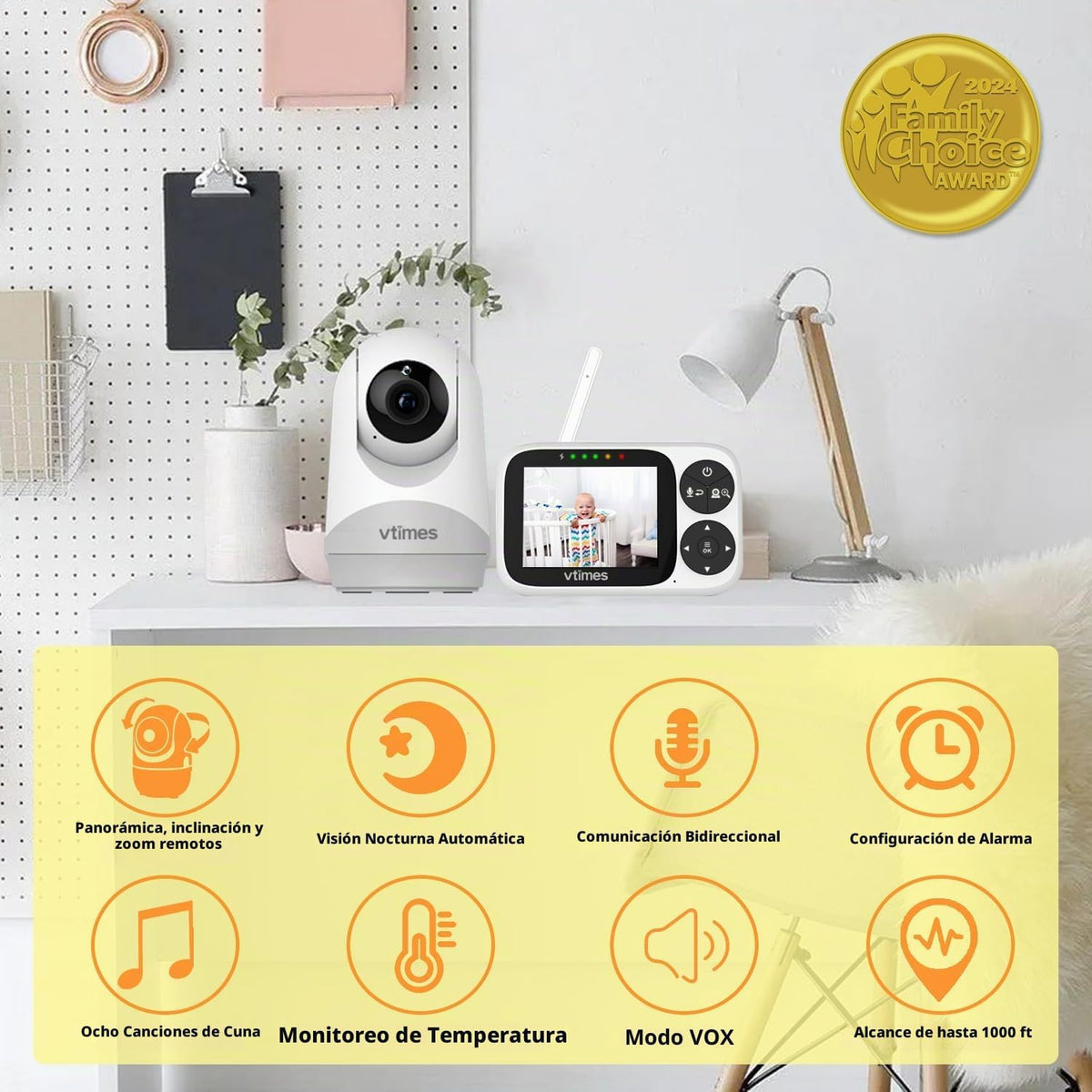 VTimes Monitor de bebé con cámara y audio, pantalla IPS de 3.2 pulg...