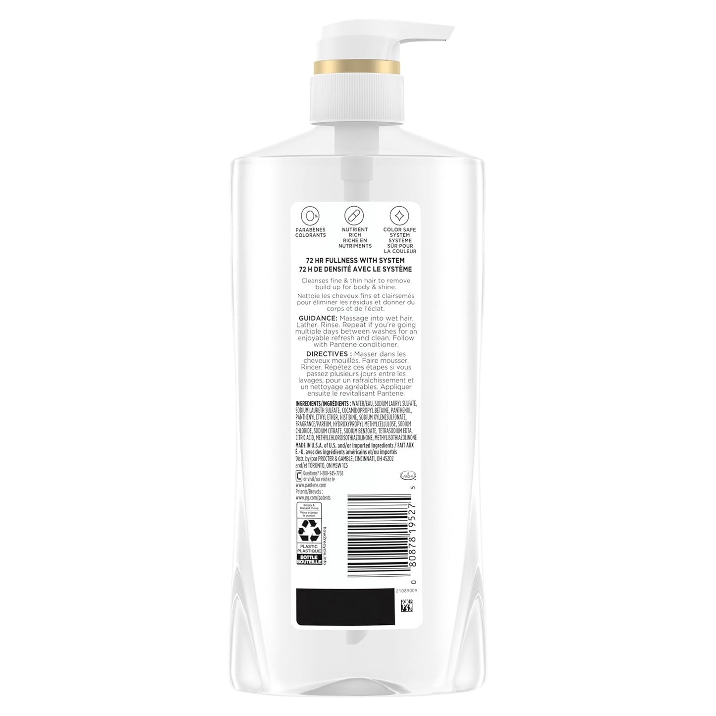 Pantene Champú, Volumen Ligero - 72 Horas de Plenitud, Nutrición Ligera con Pro-Vitamina B5 + Antioxidantes, Cabello Fino, Delgado, Teñido, Sin Parabenos, Elimina la Acumulación para Cuerpo y Brillo