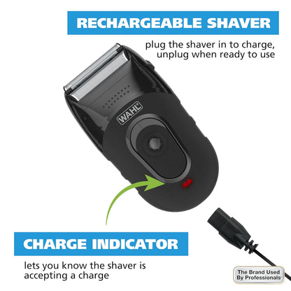 Wahl Kit compacto de afeitadora de iones de litio recargable con láminas higiénicas enjuagables y barra cortadora con láminas flexibles dobles que se mueven con los contornos de tu cara - 7065