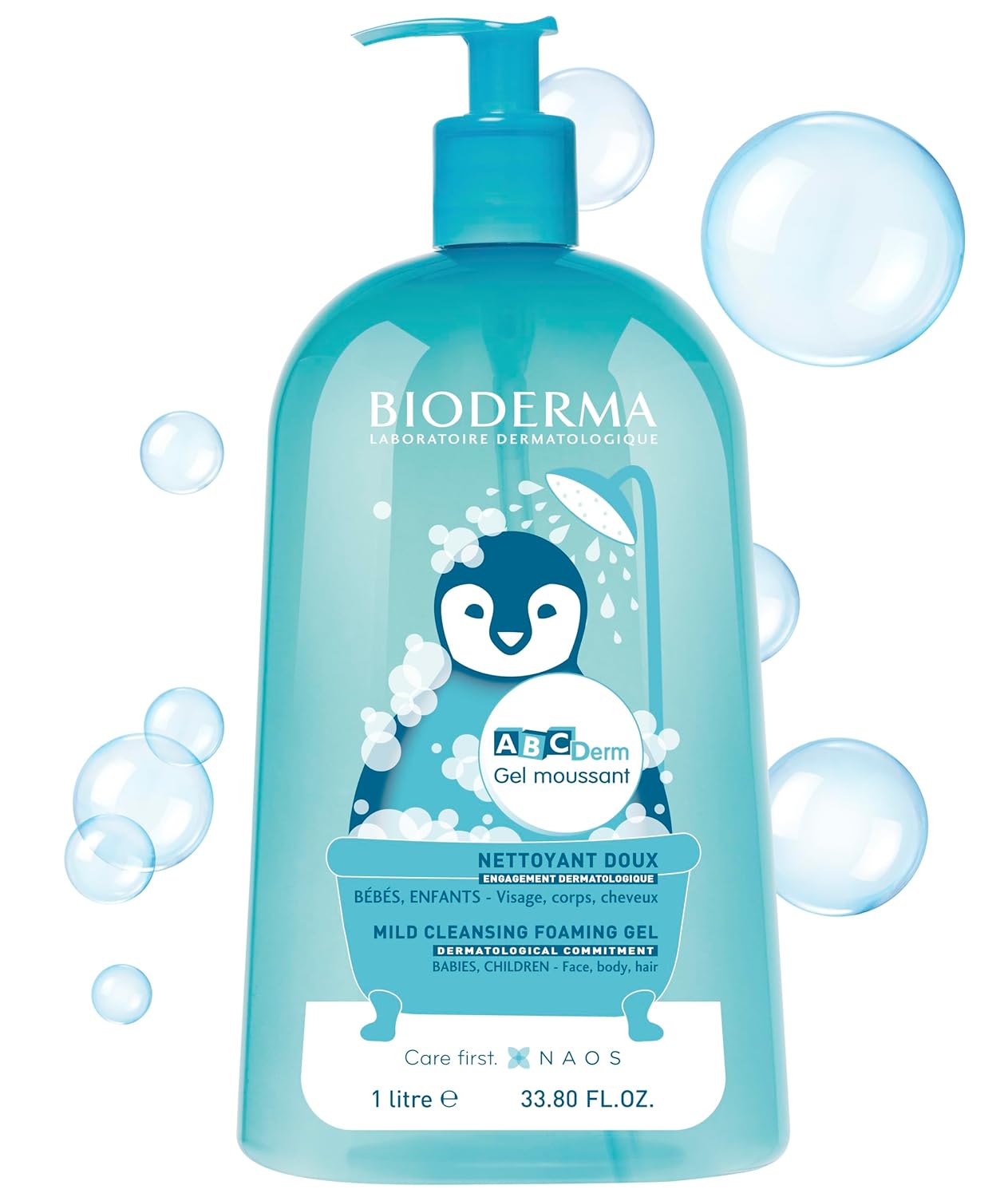 Bioderma ABCDerm Gel espumoso para la delicada piel de bebés y niños, azul, 33.8 onzas líquidas