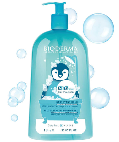 Bioderma ABCDerm Gel espumoso para la delicada piel de bebés y niños, azul, 33.8 onzas líquidas