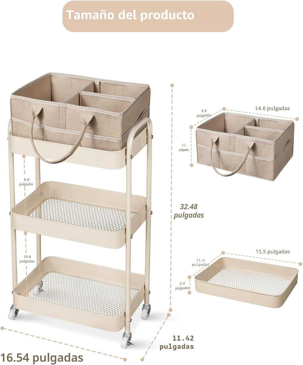 Fortella Carrito de pañales para bebé, carrito rodante de 3 niveles...