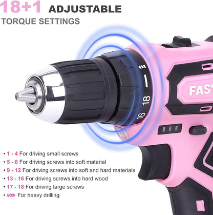 FASTPRO 232 piezas 20 V Rosa inalámbrico Taladro de iones de litio...