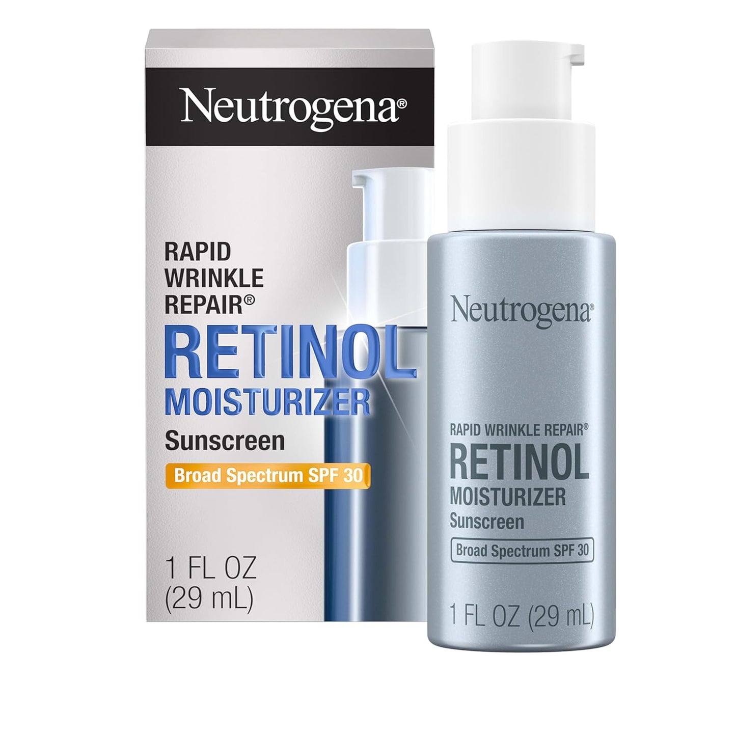 Neutrogena - Crema hidratante antiarrugas Rapid Wrinkle Repair Retinol con protección solar SPF 30, Crema diaria antiarrugas para cara y cuello con ácido hialurónico y retinol, sin parabenos, 1 onza líquida