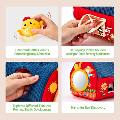 hahaland - Juguetes para bebés de 6-12 meses, juego de granero con animales de peluche de granja, sonajero, papel crujiente, espejo, juguetes montessori sensoriales para niños pequeños de 1-3 años