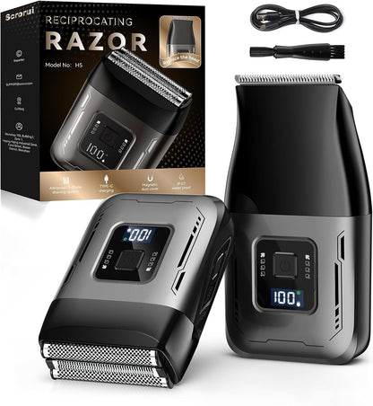 Afeitadora inalámbrica para hombres: cabezales de repuesto dobles (papel de aluminio + recortadora), alta velocidad 6000 RPM, recargable USB-C, pantalla de batería impermeable IPX6 y fácil de