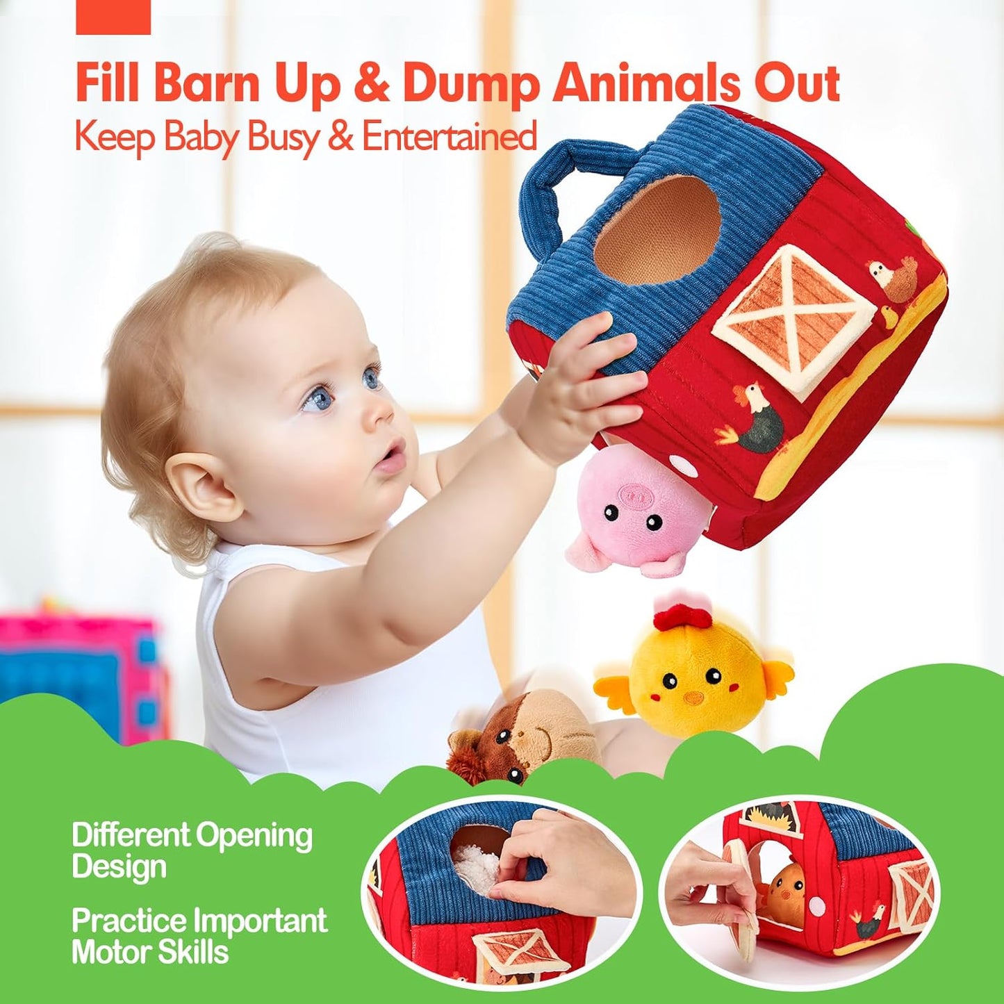 hahaland - Juguetes para bebés de 6-12 meses, juego de granero con animales de peluche de granja, sonajero, papel crujiente, espejo, juguetes montessori sensoriales para niños pequeños de 1-3 años