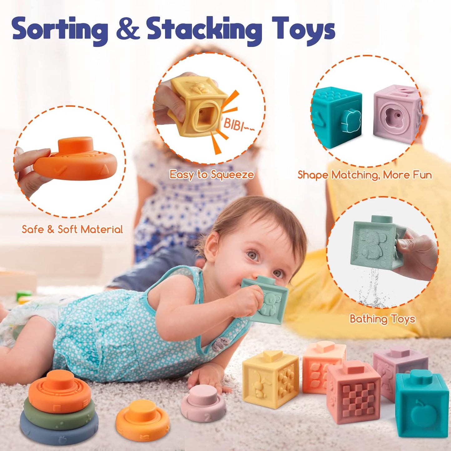 Juguetes Montessori para Bebés - Mordedor de Cuerda, Bloques Apilables, Contenedor de Formas Sensoriales, Diversión para la Hora del Baño Infantil, Juguetes 4 en 1 para Niños y Niñas