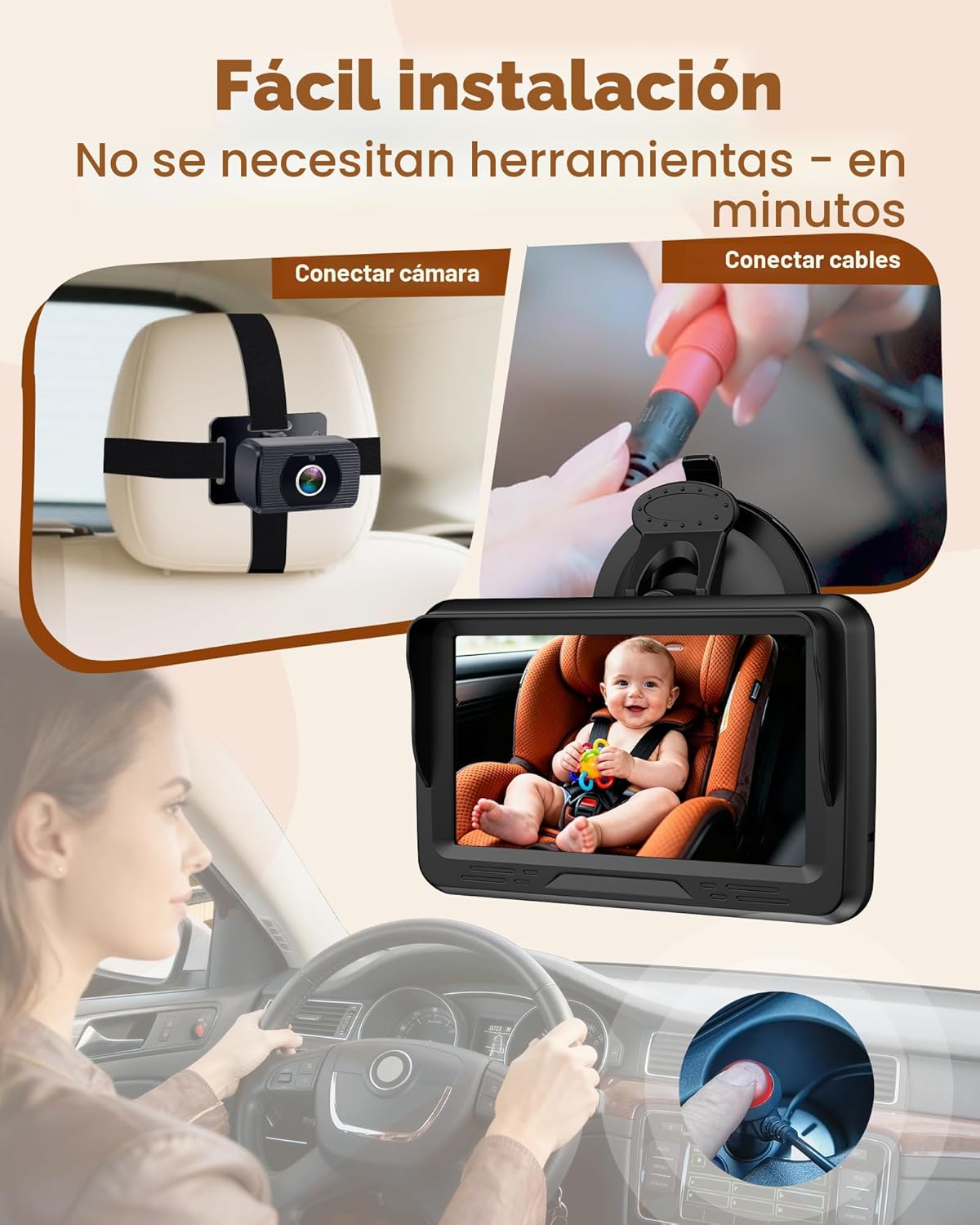 Rohent Cámara de coche para bebé HD 1080P - Monitor infantil orient...