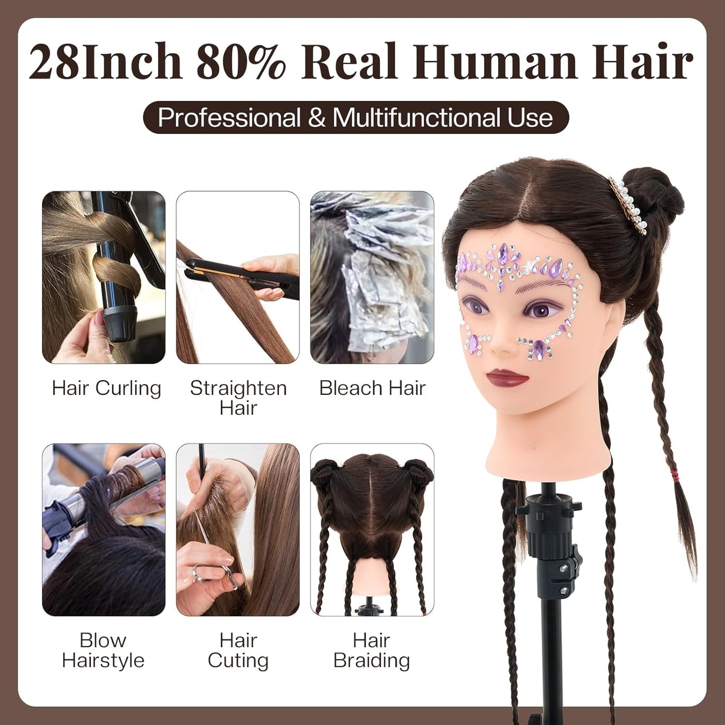 Cabeza de maniquí de 71,1 cm con cabello humano, cabeza de maniquí...