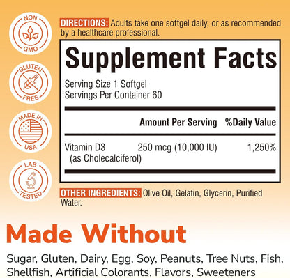 Vitalibre Vitamina D3 de máxima fuerza 10,000 UI (250 mcg), altamen...
