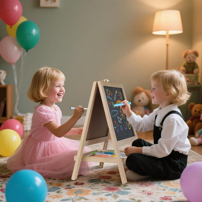 Caballete de Arte de Madera para Pintura de Mesa para Niños - Tablero de Dibujo de Doble Cara 4 en 1 para Niños Pequeños de 2-4 Años, Pizarra y Pizarra Blanca Seca con Marcadores, Borrador, Letras