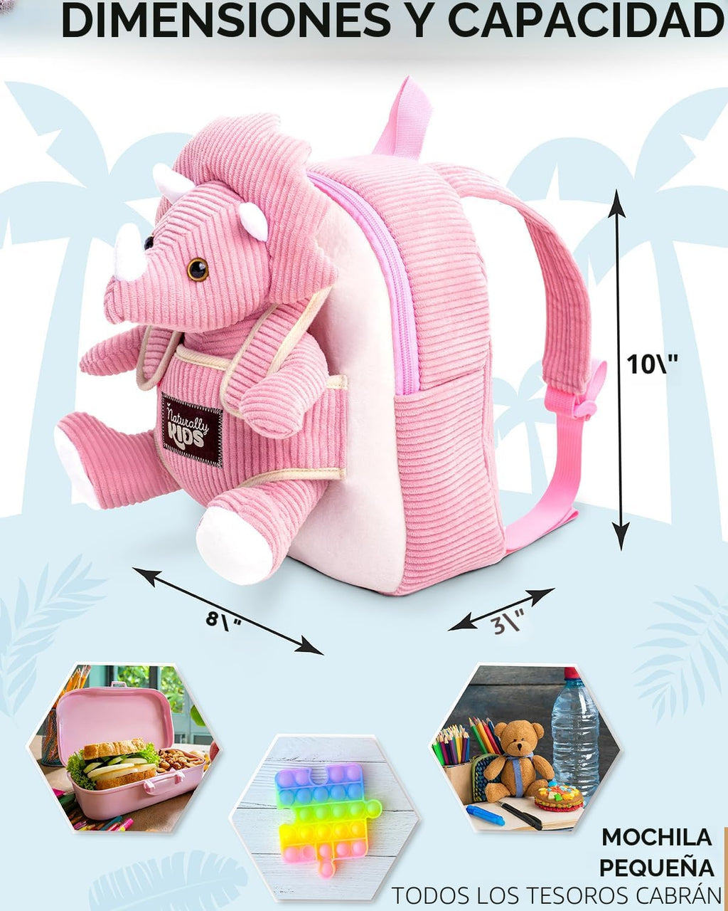 Naturally KIDS Mochila para niños pequeños con peluche rosa Tricera...
