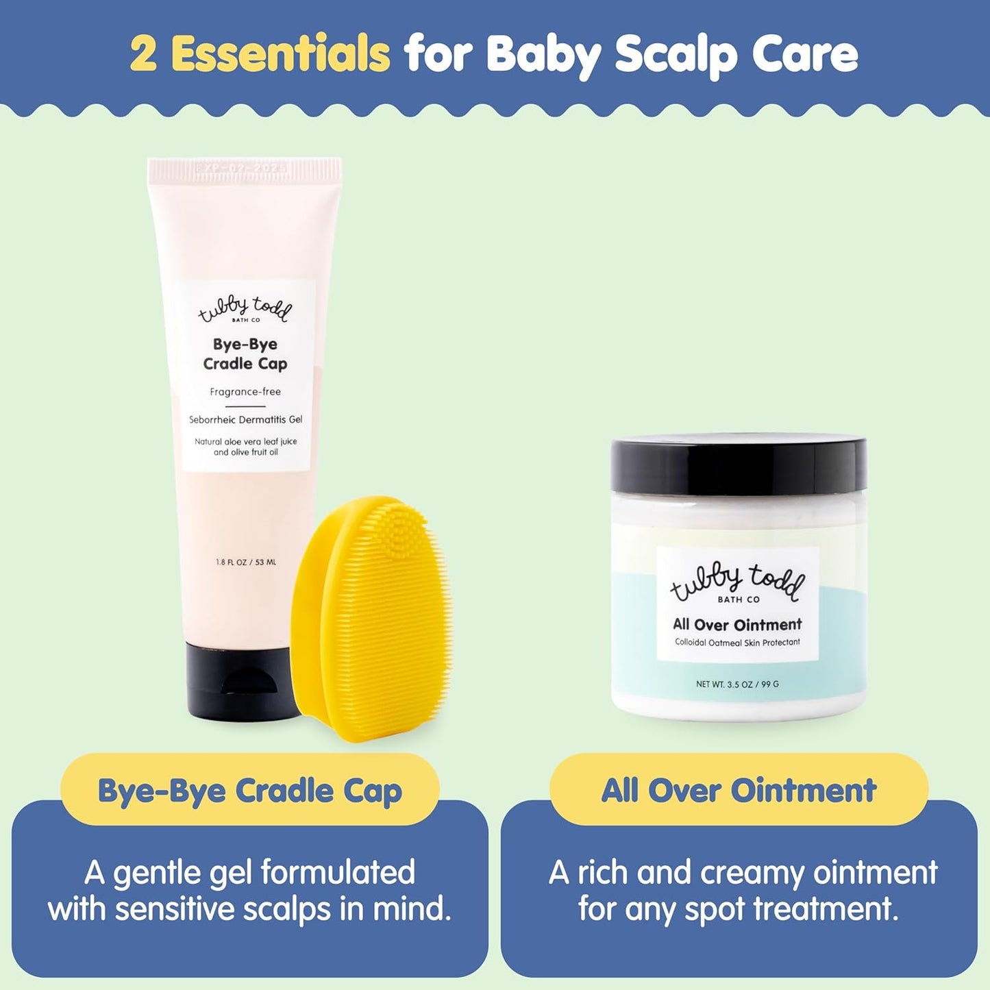 TUBBY TODD Kit de tratamiento para el cabello de bebé Cradle Cap, incluye gel de tapa de cuna de adiós, cepillo de silicona para cuna y ungüento completo de 3.5 onzas, suave para la piel sensible de los bebés