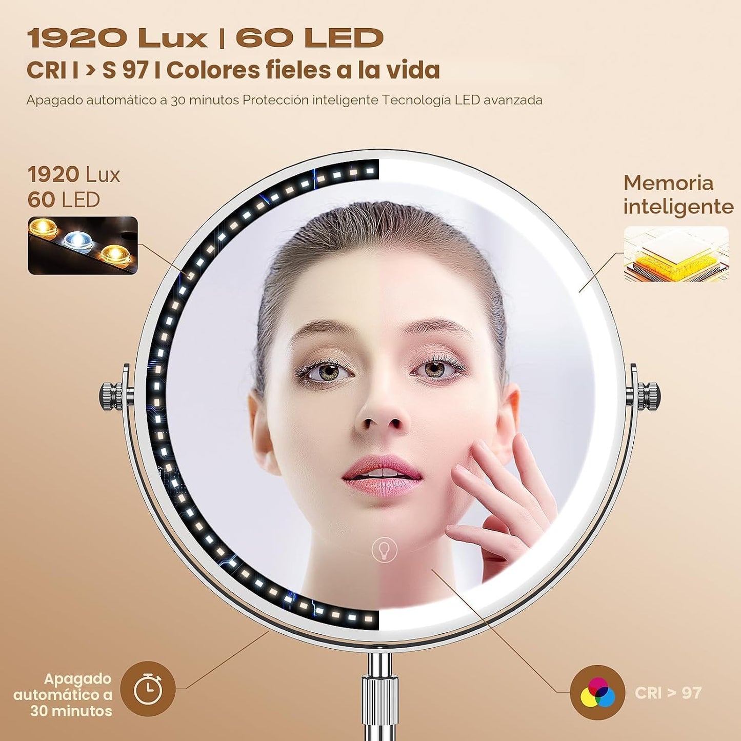 Espejo de Maquillaje con Luces, Espejo de Tocador con Rotación 360°...