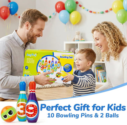 Juego de bolos para niños AugToy 2-5 años, juego de bolos de interior suave para niños de 1, 2, 3, 4 años, niños y niñas, 10 pines de bolos de espuma coloridos, 2 bolas de bolos, juego sensorial de