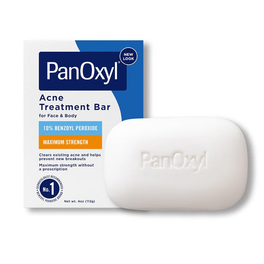 PanOxyl Barra de tratamiento para el acné con peróxido de benzoilo al 10%, barra de acné de fuerza máxima para cara, pecho y espalda, limpiador corporal sin jabón, trata espinillas de acné, puntos