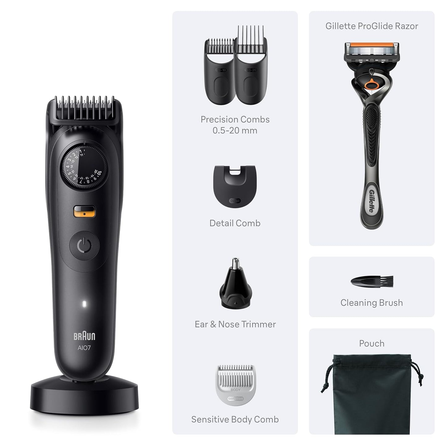 Braun Serie 7 todo en uno Kit de aseo para barba y cuerpo para hombres, recortadora inalámbrica, cortadora de pelo y afeitadora para cara, cabello y cuerpo con maquinilla de afeitar Gillette ProGlide