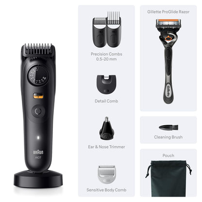 Braun Serie 7 todo en uno Kit de aseo para barba y cuerpo para hombres, recortadora inalámbrica, cortadora de pelo y afeitadora para cara, cabello y cuerpo con maquinilla de afeitar Gillette ProGlide
