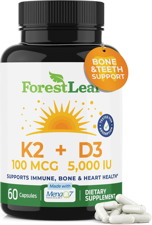 Suplemento ForestLeaf de vitamina D3 + K2 (MK7) - MenaQ7 - Calcio y...