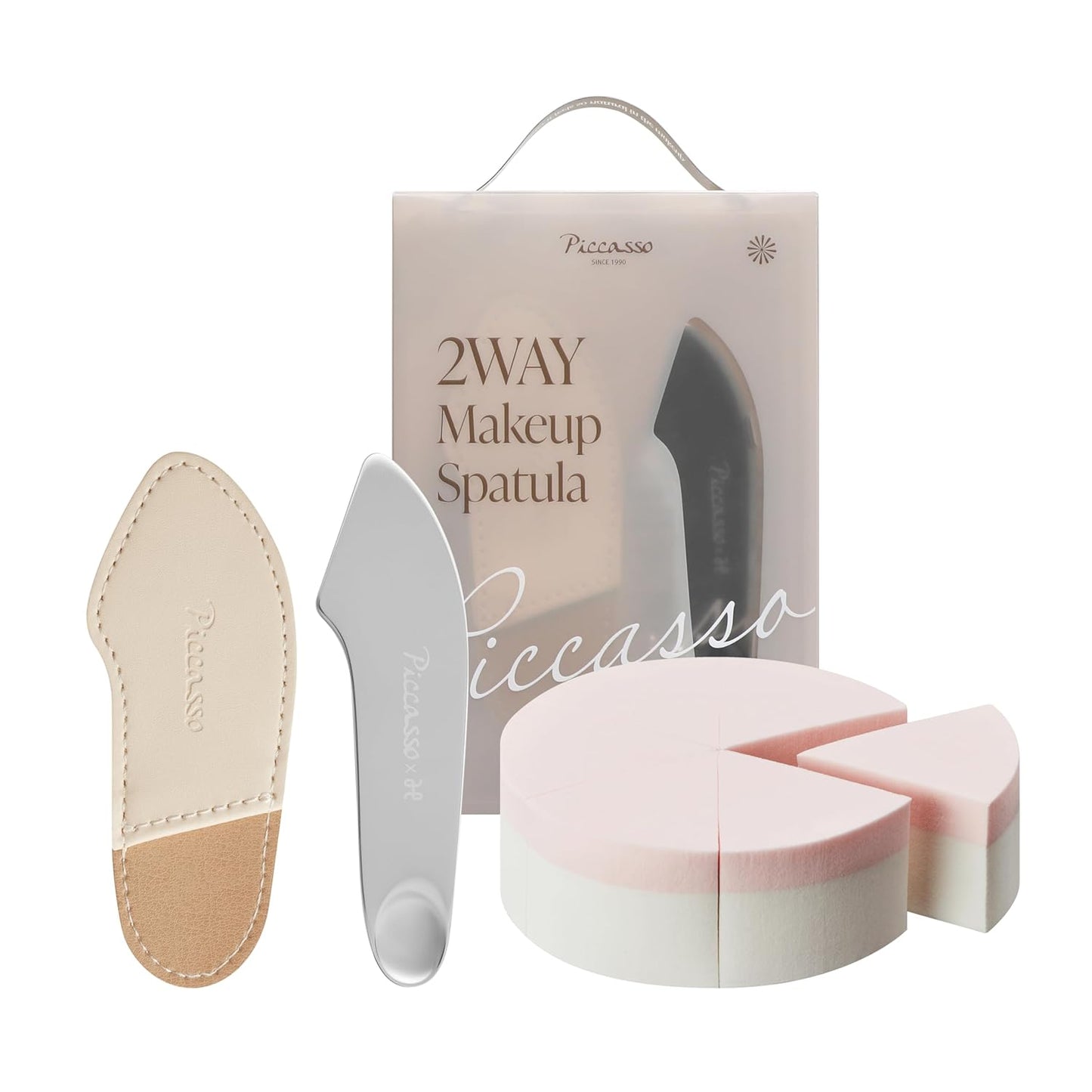 Piccasso Espátula de maquillaje de 2 vías con esponja: base profesional y espátula para el cuidado de la piel para la cara, herramienta de acero inoxidable de doble extremo para una aplicación precisa