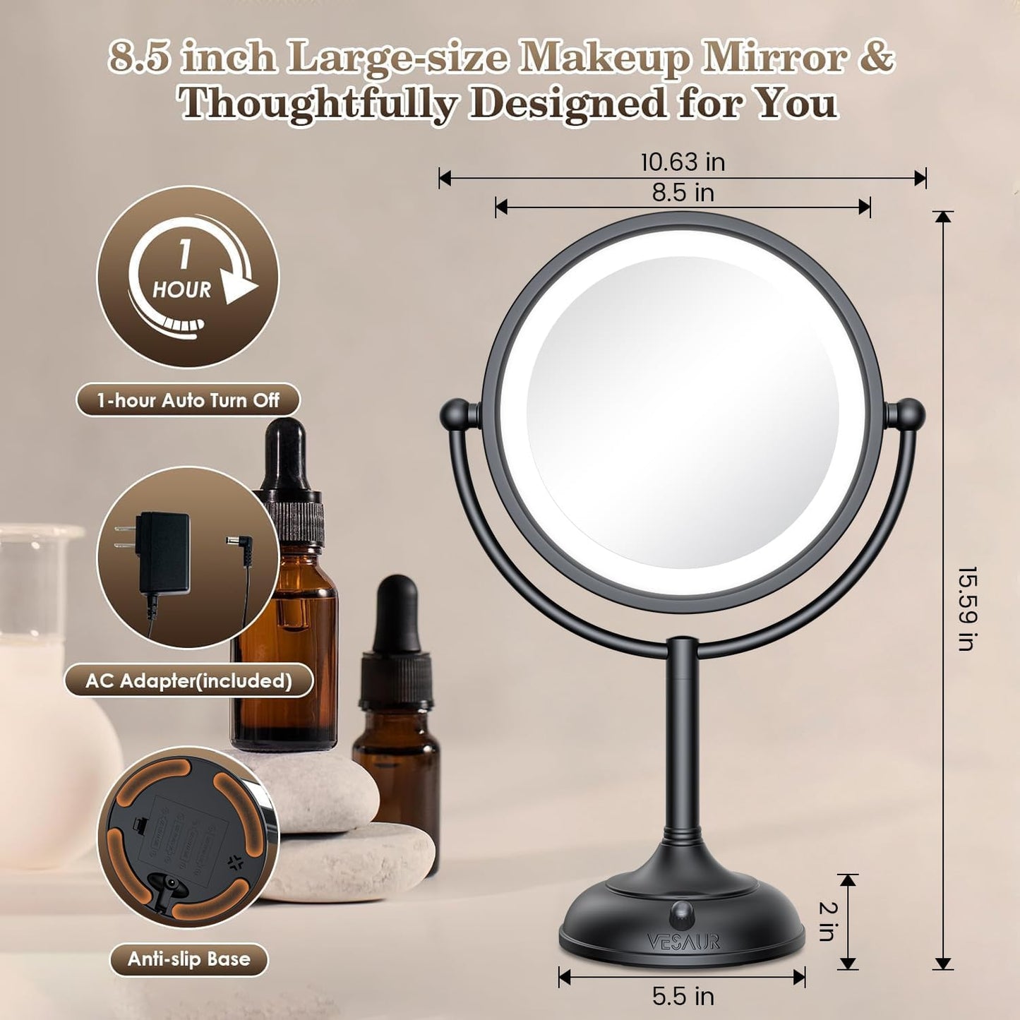 VESAUR Espejo de Maquillaje Profesional Iluminado de 8.5", 1X\/...