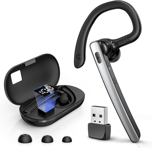 Auriculares Bluetooth V5.3, auricular Bluetooth inalámbrico con funda de carga de 600 mAh, tiempo de reproducción de 110 horas, auriculares manos libres para teléfono celular y computadora con micrófono integrado para trabajo, camionero, oficina