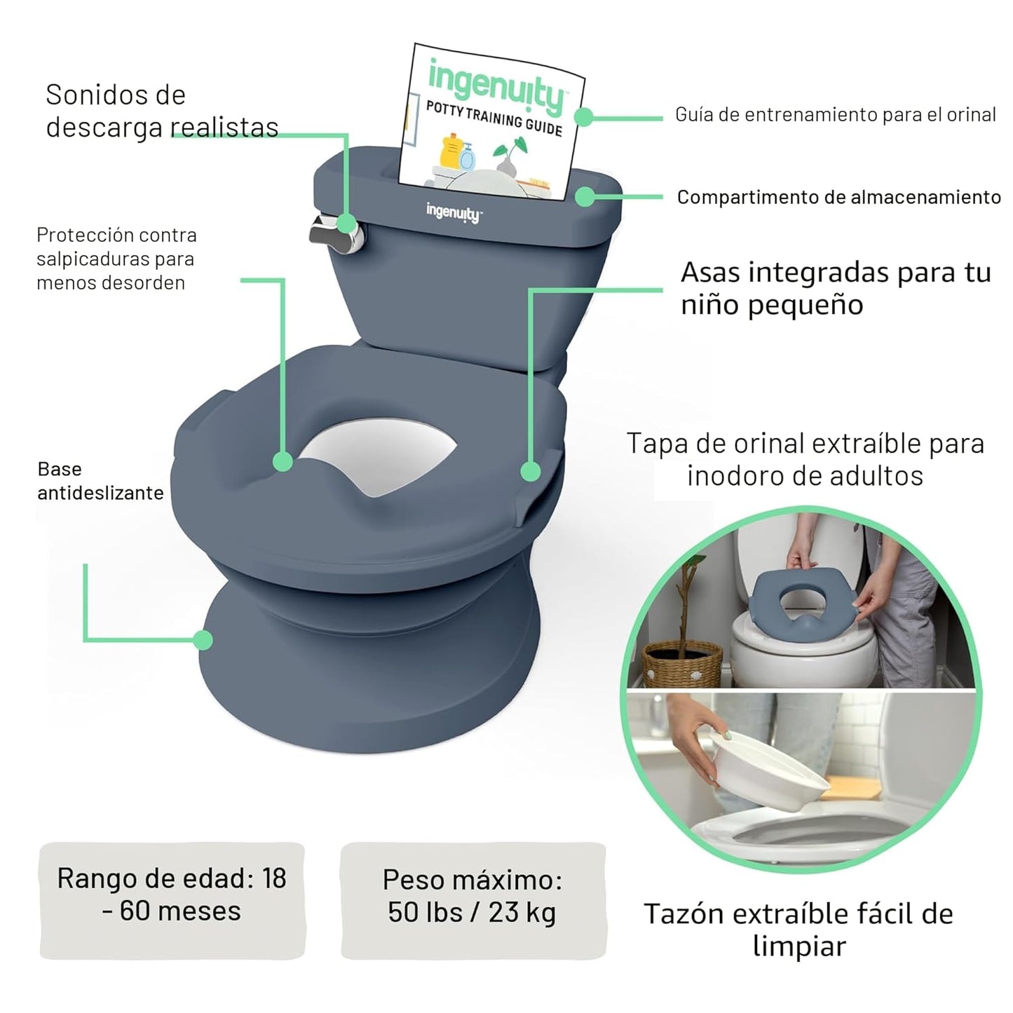 Ingenuity My Size Potty Pro en azul, inodoro de entrenamiento infan...