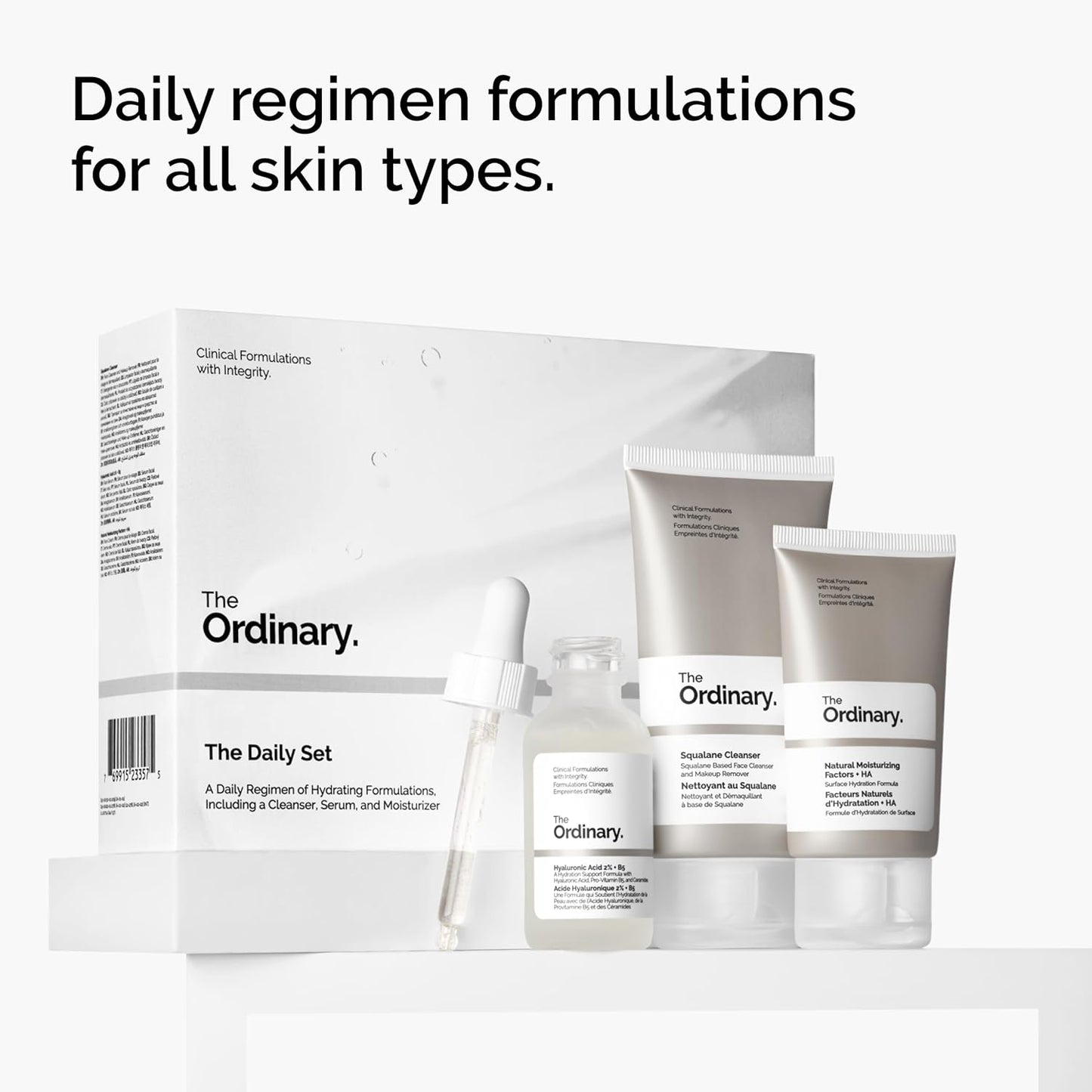 The Ordinary The Daily Set, rutina diaria de cuidado de la piel con limpiador de escualeno, ácido hialurónico 2% + B5 y factores hidratantes naturales + HA | Set de cuidado de la piel