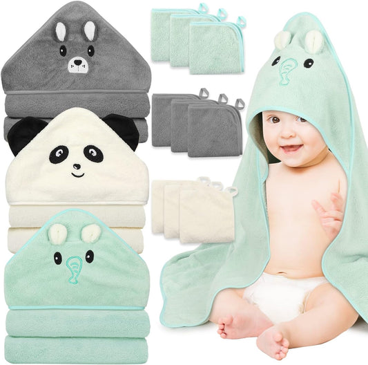 12 toallas de bebé, 3 toallas suaves con capucha y 9 paños de baño, toallas de baño para recién nacidos, bebés y niños pequeños, ultra absorbentes, lindas toallas de bebé de regalo para niños