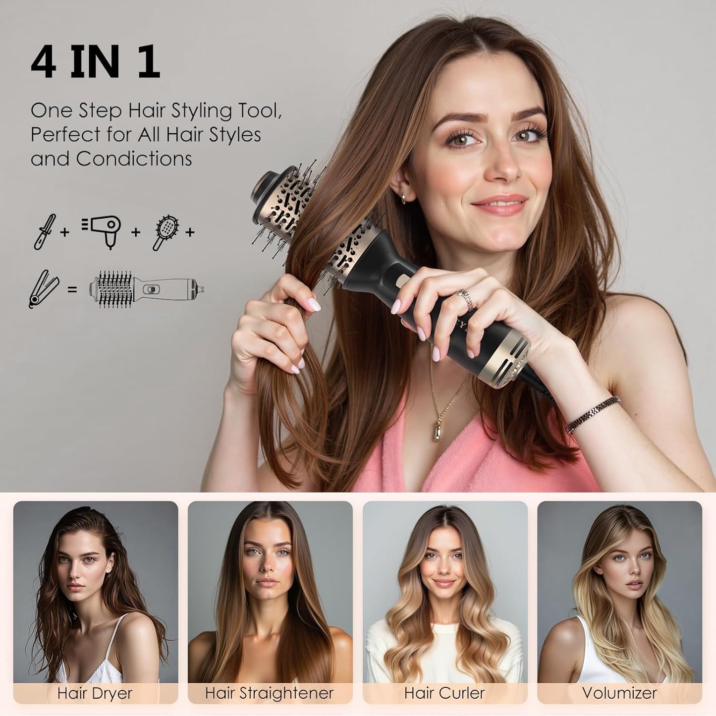 Cepillo secador de pelo de viaje, 4 en 1 automático de doble voltaje (100-240 V), cepillo de aire caliente de 2 pulgadas, mini cepillo secador de pelo y estilizador para cabello suave y voluminoso
