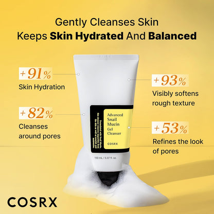 COSRX Advanced Snail Mucin Gel Cleanser, 5.07 fl oz / 5.1 fl oz, rico gel de limpieza profunda diaria para piel seca y sensible, cuidado de la piel coreano, no probado en animales, sin parabenos